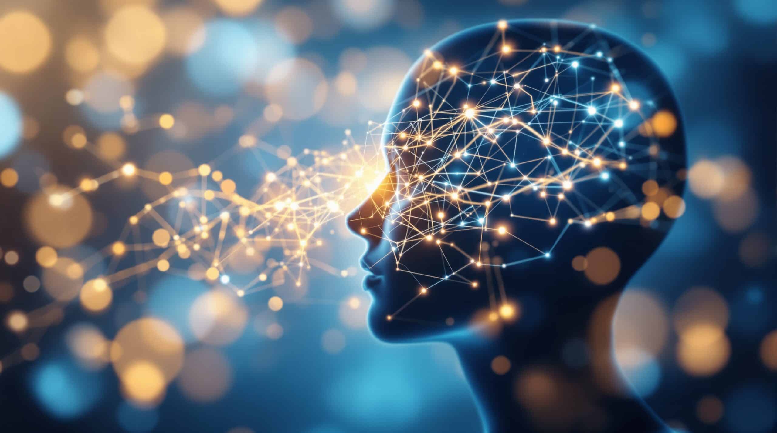 Glowing neural pathways flow through translucent head silhouette, representing thought journaling transformation