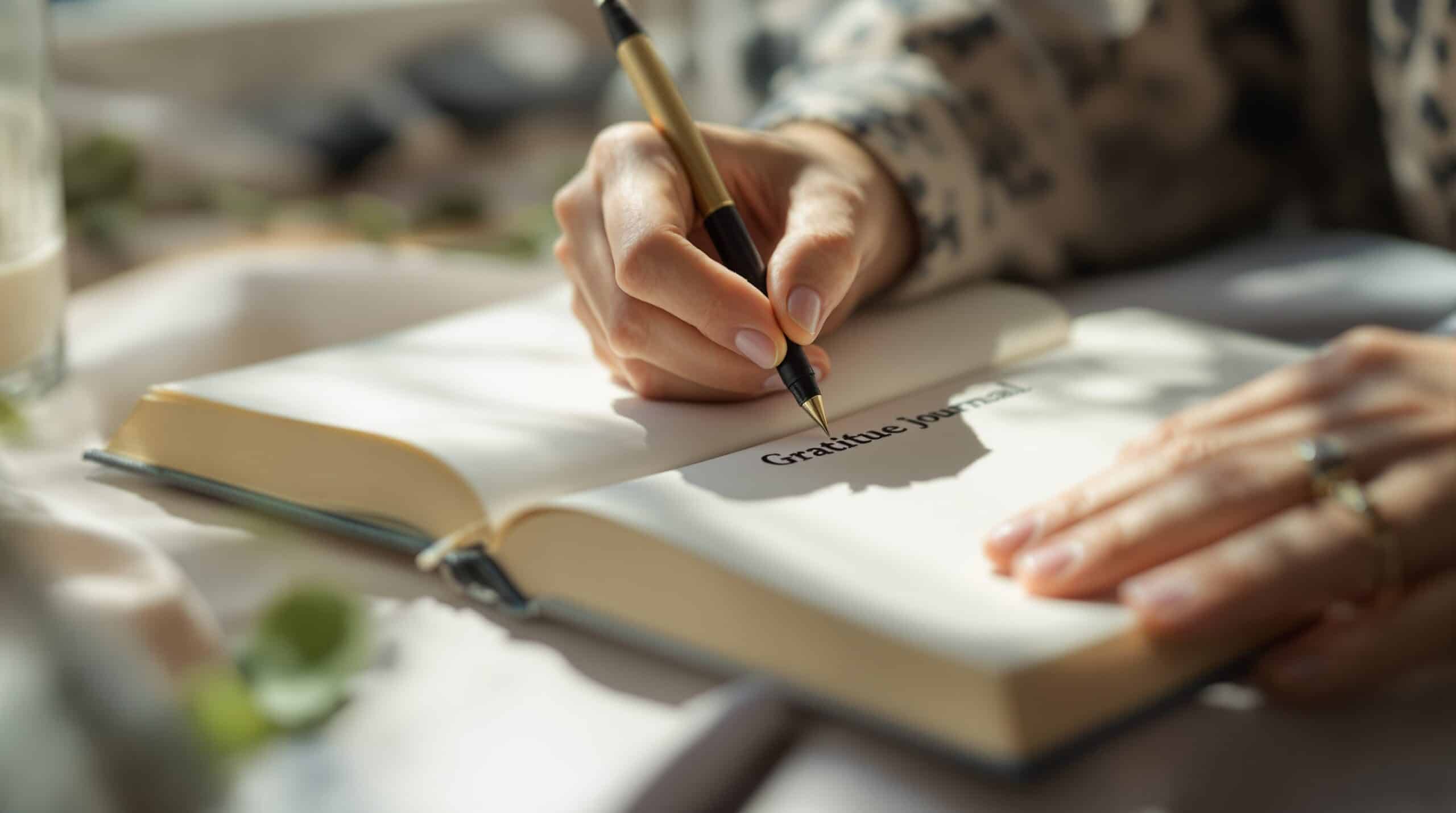 Hands writing thoughtfully in a gratitude journal with pen on textured paper in soft natural light