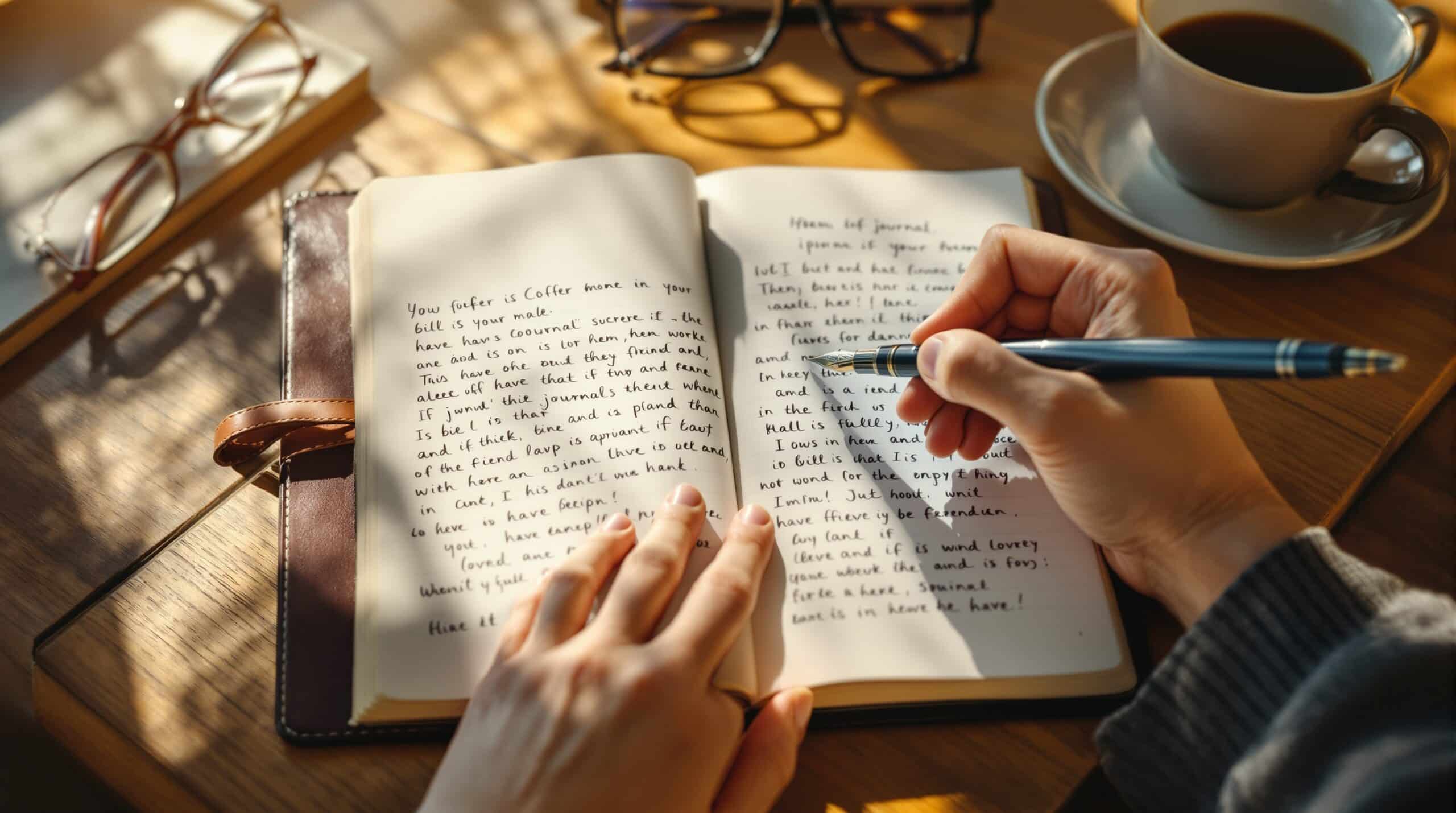 Hands writing in leather journal with fountain pen next to smartphone showing personal journaling app on wooden desk