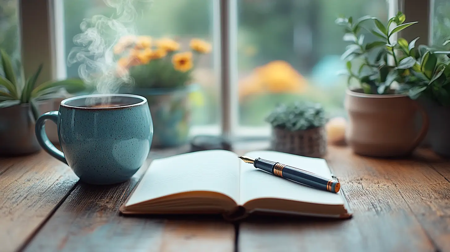 Open journal with steaming coffee on a wooden table