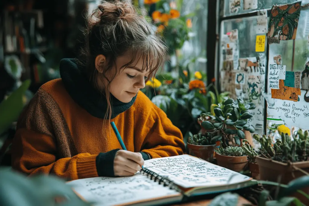 A peaceful person writing in a journal at a wooden desk