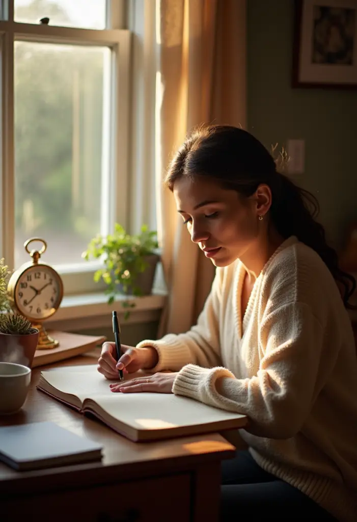 A person sits at a small organized desk by a window writing