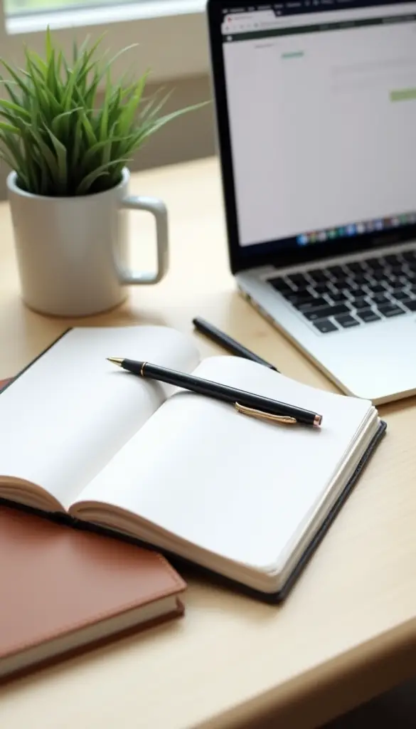 A side-by-side comparison of physical journal and laptop