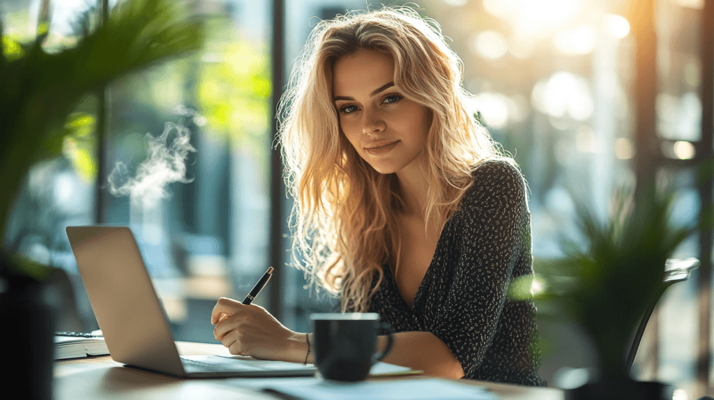 A woman planning her day with phone and journal