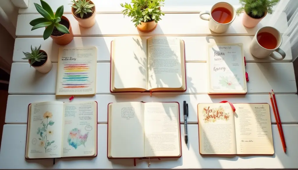 A top-down view of an open journal collection on a desk