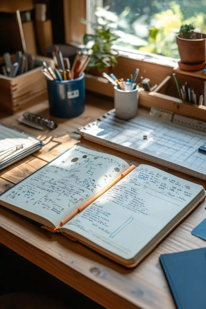 A meticulously organized workspace with bullet journal and pencils