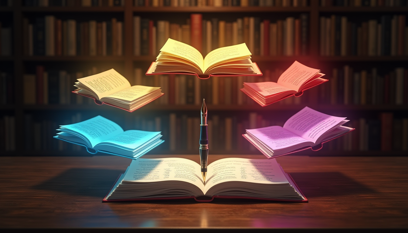 Five illuminated books glowing in different colors float around a fountain pen and open journal in a library setting, representing the five leadership development training approaches inspired by literary heroines: social intelligence (gold), strategic thinking (red), fresh perspective (white), analytical excellence (blue), and creative leadership (purple).