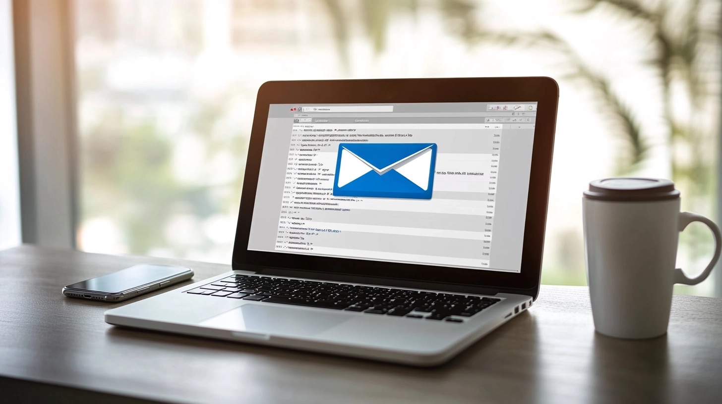 A modern laptop sits on a wooden desk displaying an open email inbox, with a large blue email icon overlaying the screen. A smartphone rests beside the laptop, and a takeaway coffee cup is nearby. The background features softly blurred greenery, creating a professional yet inviting atmosphere that conveys communication and accessibility.