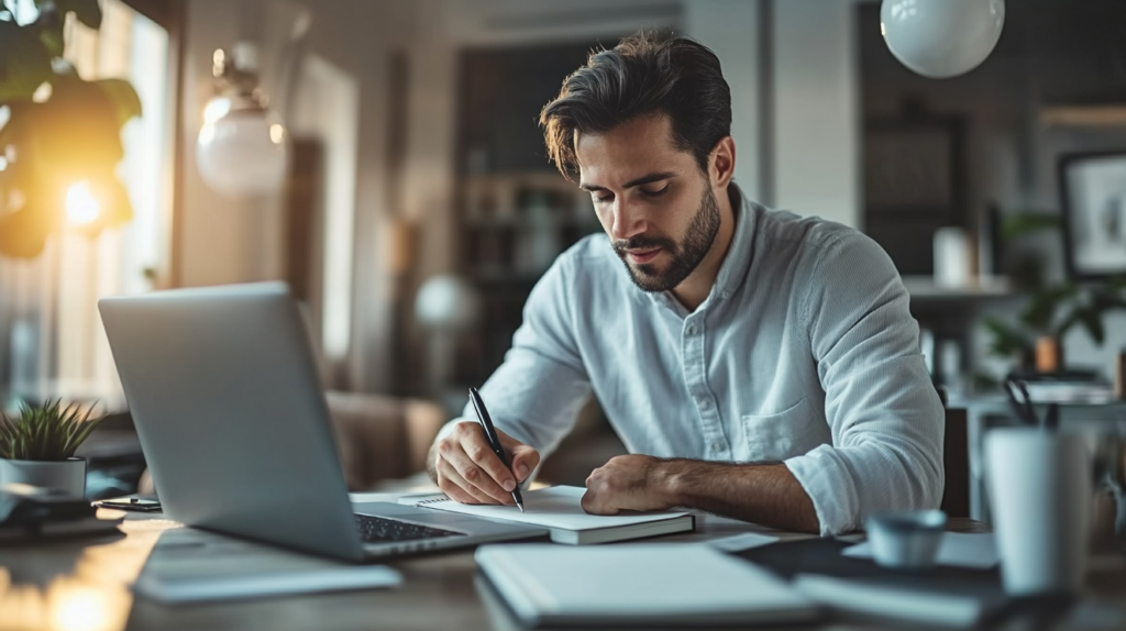 man, early 30's fountain pen in hand preparing to write in a notebook, sitting at a modern desk with notebooks and laptop. Background modern futuristic home office well lit with mid day sunlight.