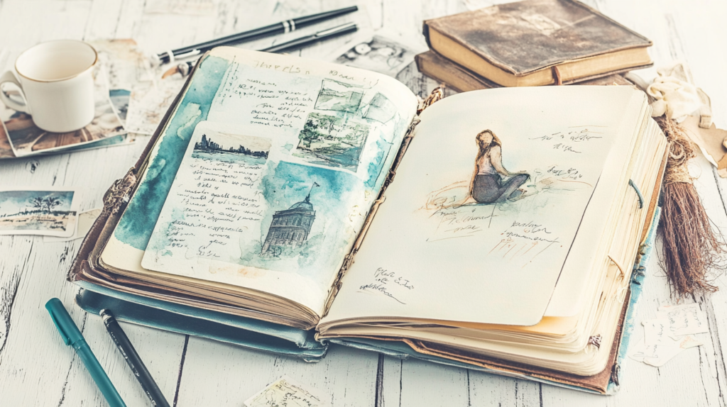 An open art journal rests on a rustic wooden table, its pages filled with delicate watercolor paintings, intricate ink sketches, and handwritten notes. One page features a serene blue-toned cityscape alongside a handwritten passage, while the adjacent page showcases a softly drawn figure sitting on a beach. Scattered around the journal are small vintage-style photographs, art supplies, and additional journals, evoking a sense of nostalgia, creativity, and personal storytelling. The warm, muted tones and textured paper add to the cozy and artistic ambiance.