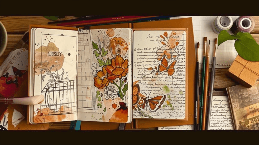 A beautifully arranged open art journal, filled with vibrant watercolor splashes, intricate ink sketches, and mixed-media collages.