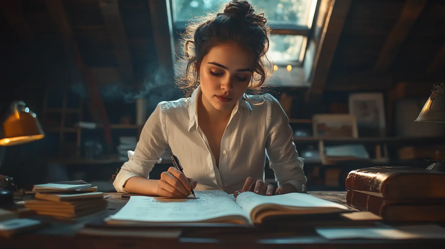 A young woman with dark hair in a messy bun sits at a desk writing in an open journal with a pen. She wears a white button-up shirt and appears focused on her writing. The scene is warmly lit with books stacked around her, creating a cozy, studious atmosphere perfect for reflective journaling.