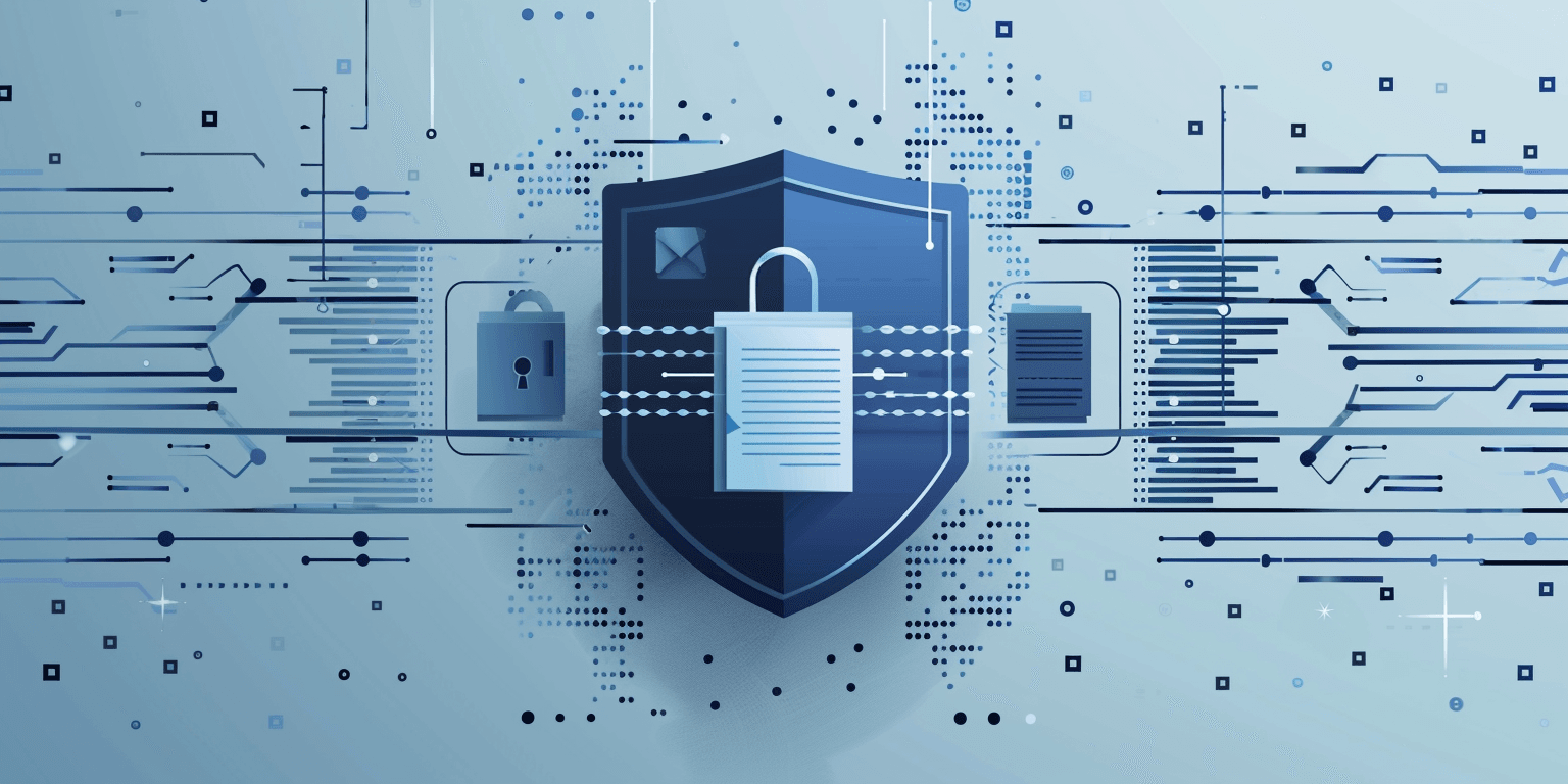 Digital privacy protection concept featuring a dark blue shield in the center with a document and padlock icon, representing data security. The shield is surrounded by a high-tech circuit board pattern with connecting lines, dots, and data flow visualizations in various shades of blue against a light blue background. The design conveys advanced cybersecurity and digital information protection in a modern, technical aesthetic suitable for a privacy policy page.