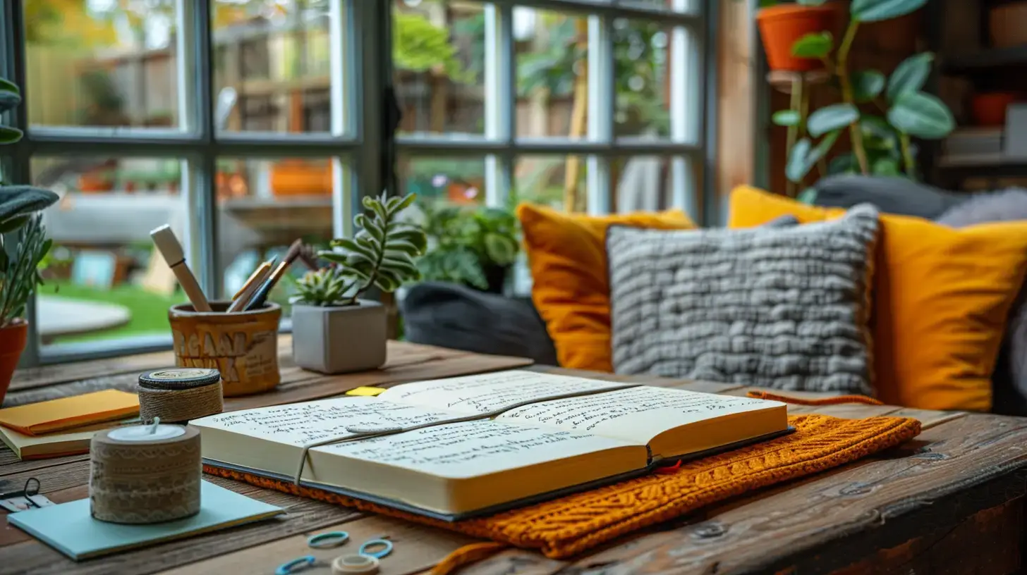 Self care journaling workspace featuring an open journal with handwritten entries, decorative washi tape, and organizing tools on a wooden desk, set against a cozy window nook with orange and gray accent pillows