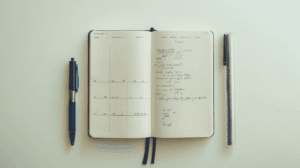 Simple bullet journal setup with essential layouts for beginners including index, monthly spread, and daily log with minimal supplies.