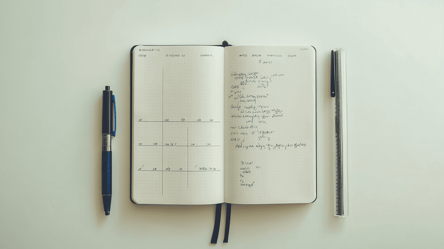 Simple bullet journal setup with essential layouts for beginners including index, monthly spread, and daily log with minimal supplies.