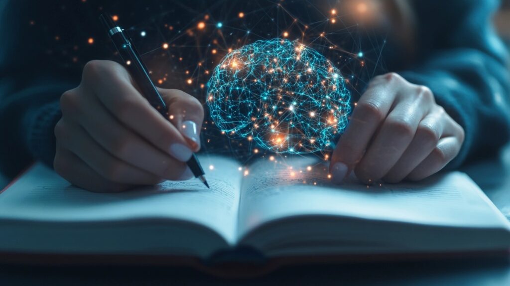 Neural activity visualization with journal writing, representing scientific benefits of journaling for mental health