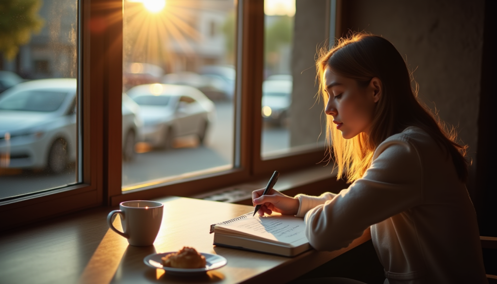 Person writing thoughtfully in a journal by a coffee shop window with sunlight illuminating reflective questions on the page.