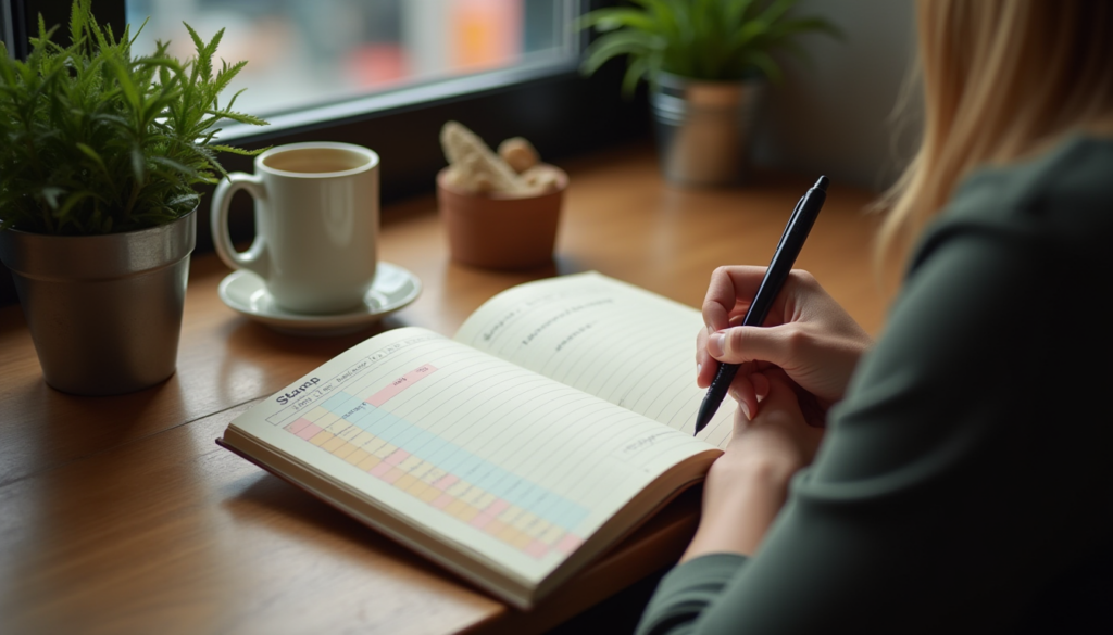 Serene journaling setup in a quiet coffee shop corner showing mood tracking page with color coding and comforting elements nearby.