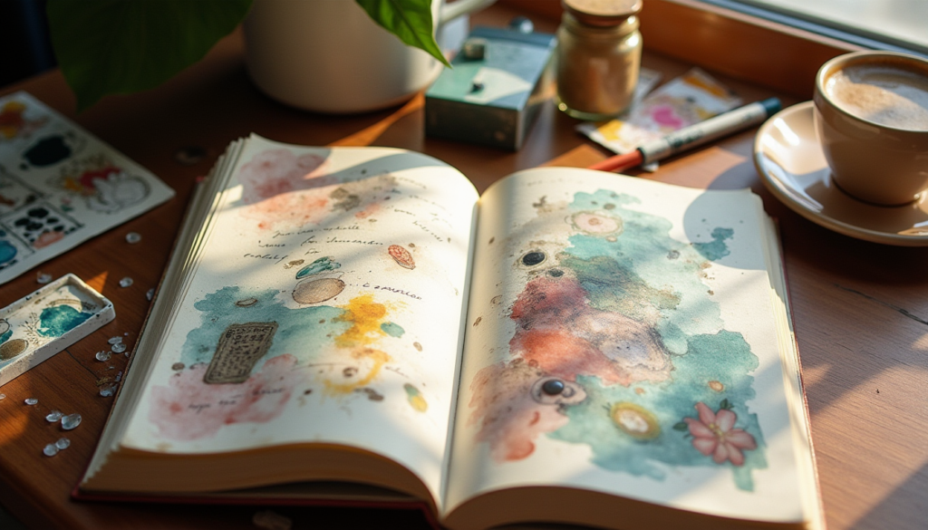 Open art journal displaying colorful mixed media pages with watercolor and collage elements alongside art supplies in a bright coffee shop corner.