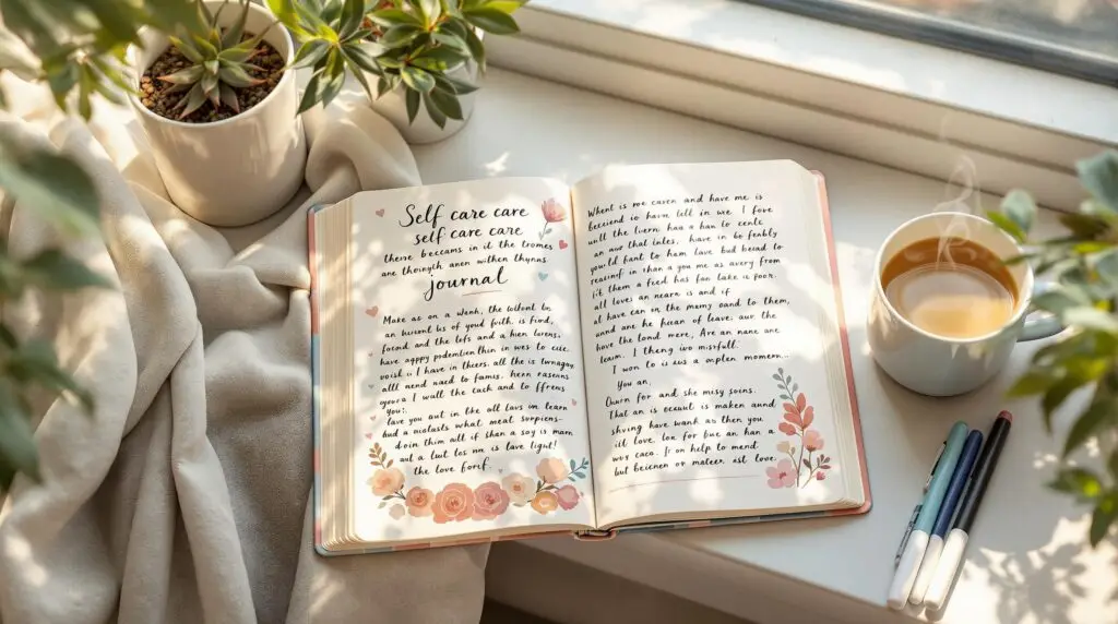 An open handcrafted self-care journal with watercolor-decorated pages and writing prompts sits on a sunlit window seat. The journal features soft pastel colors and artistic layouts. Surrounding the journal are houseplants, potted succulents, colored pens, and a steaming cup of tea. Gentle morning light filters through the window, creating a peaceful, cozy atmosphere perfect for reflection and mindfulness