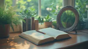 An open journal with a pen resting on blank pages next to a decorative mirror on a wooden desk with soft morning light, creating a peaceful journaling atmosphere