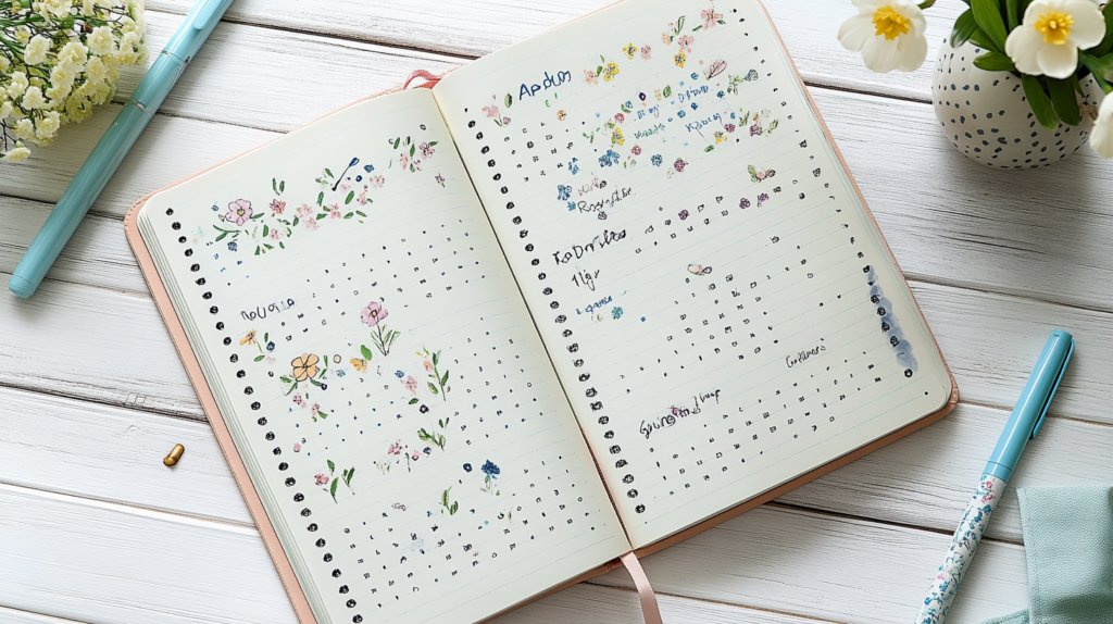 April bullet journal weekly spread with spring-themed tracker and organized layout