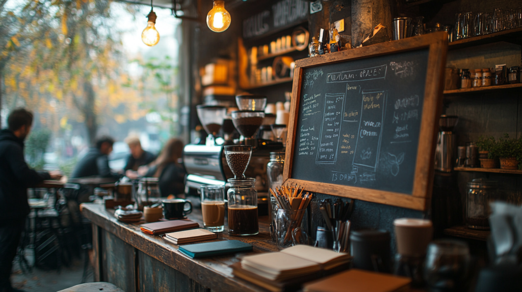 Coffee shop chalkboard displaying journaling prompts with notebooks arranged beneath and people writing in the background.