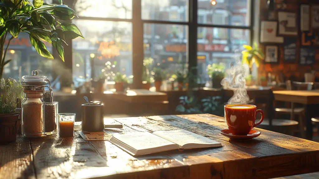 Person writing in journal at coffee shop table with steaming coffee cup and morning light through window