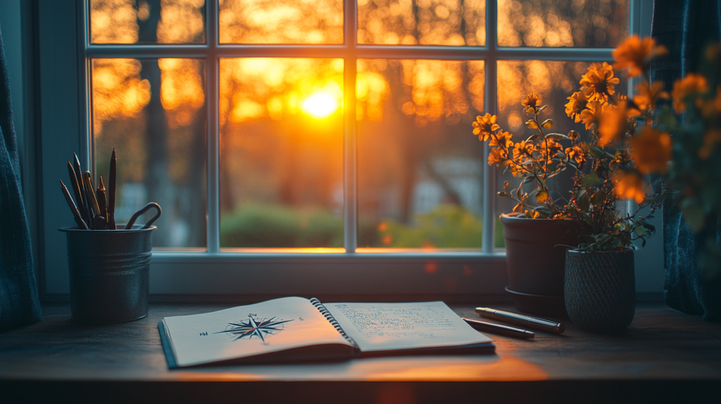 Person writing morning journal prompts at sunrise, with a compass symbolizing guidance and direction in daily life.