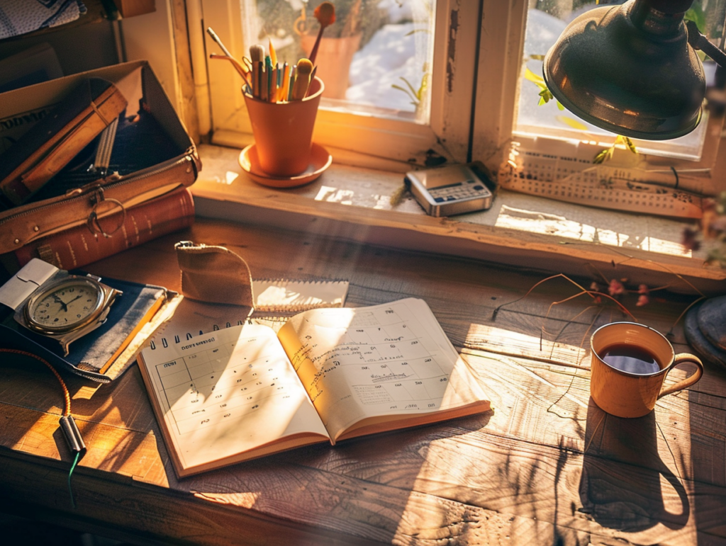 Organized desk workspace with journal, planner and growth metrics representing goal-setting and personal development