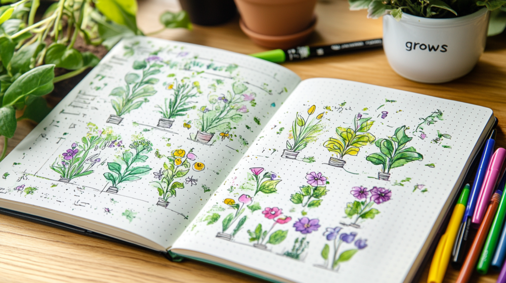 Garden-themed April bullet journal habit tracker showing progress with growing plant illustrations