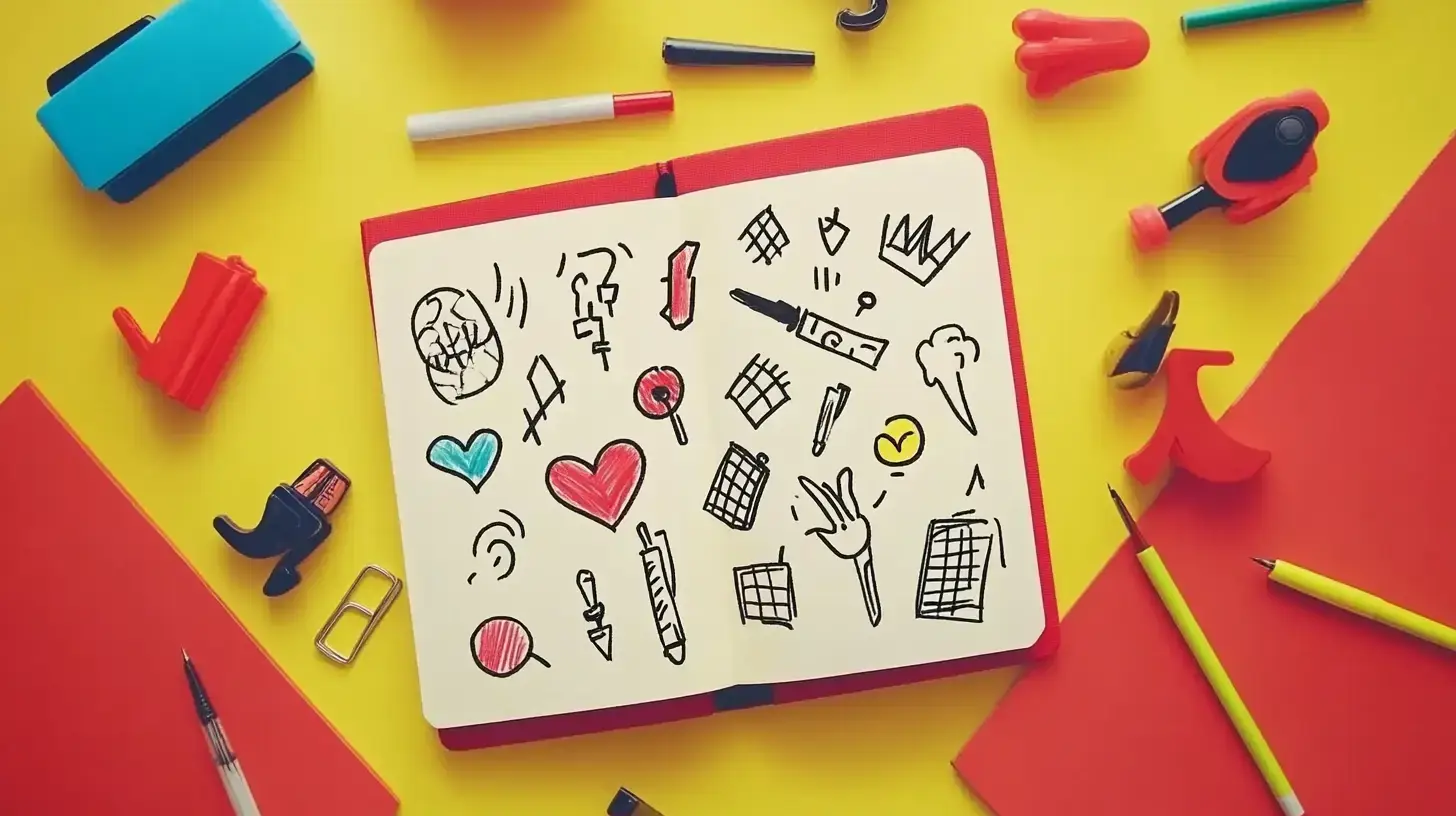 Open bullet journal displaying various header styles from minimalist to decorative with essential tools