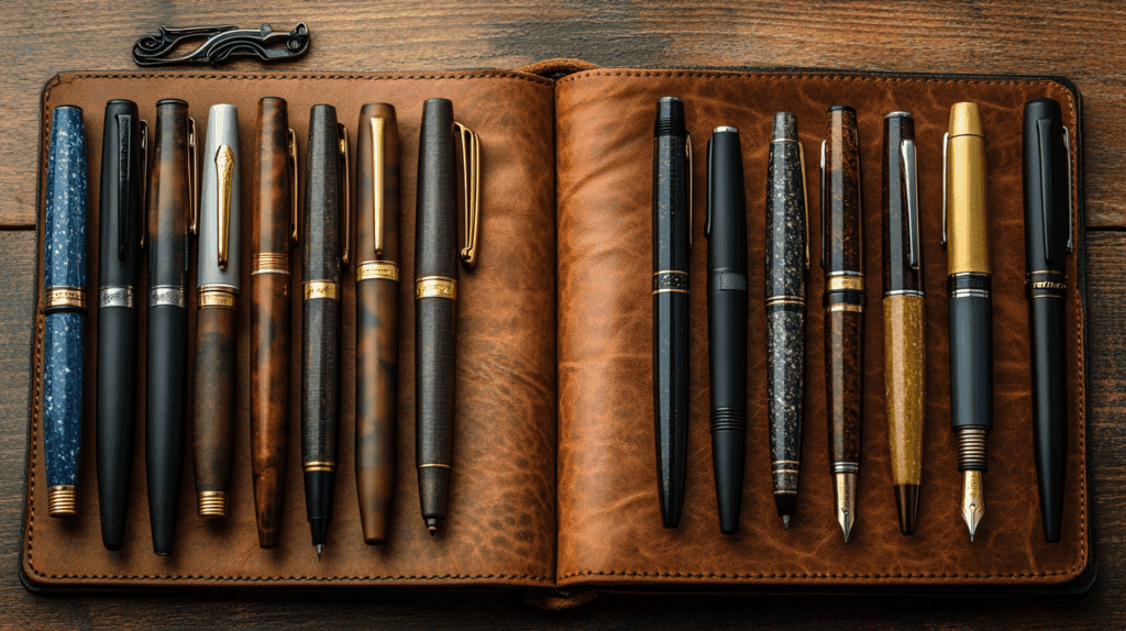 Various types of premium journaling pens including fountain pens, gel pens, and fineliners arranged around an open leather journal