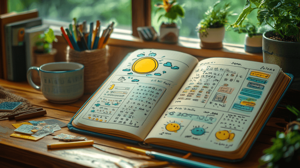 • Mood tracker bullet journal with weather-themed symbols representing emotional changes
