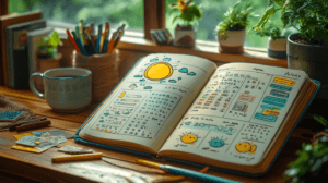• Mood tracker bullet journal with weather-themed symbols representing emotional changes