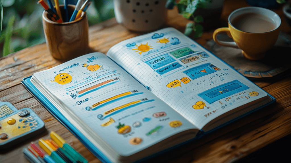 • Mood tracker bullet journal with weather-themed symbols representing emotional changes