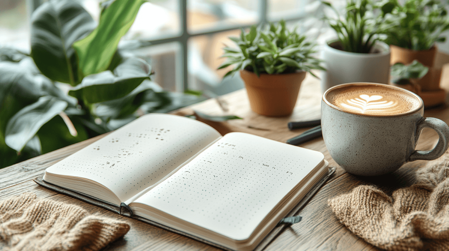 What is bullet journaling: A minimalist bullet journal spread showing the essential planning system components on a wooden desk