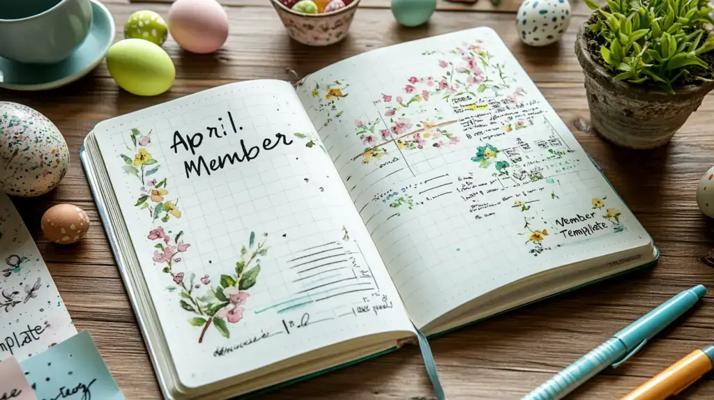 April bullet journal spread with spring holiday designs and exclusive member templates