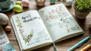 April bullet journal spread with spring holiday designs and exclusive member templates