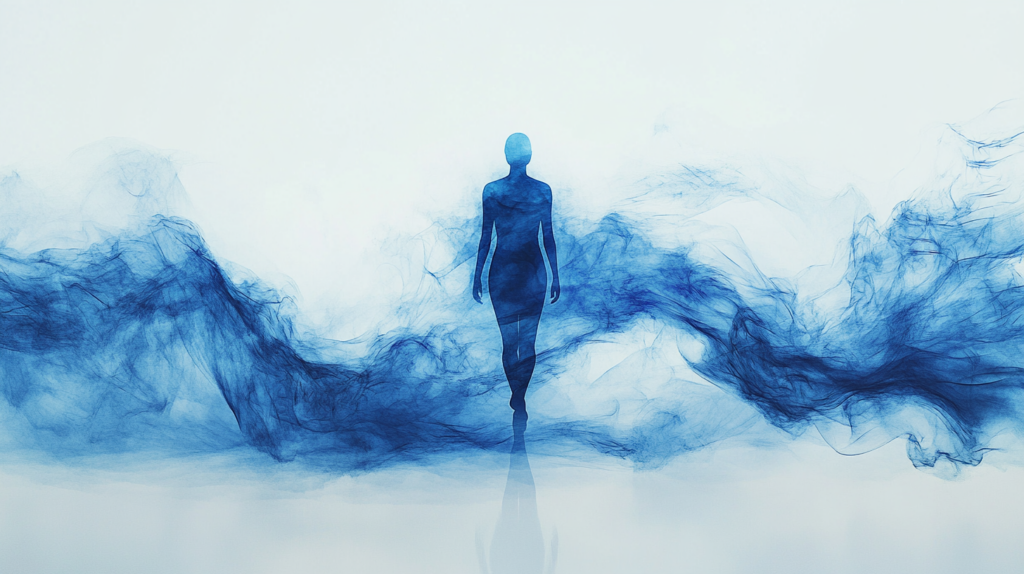 Abstract illustration of human silhouette with protective psychological layers representing defense mechanisms