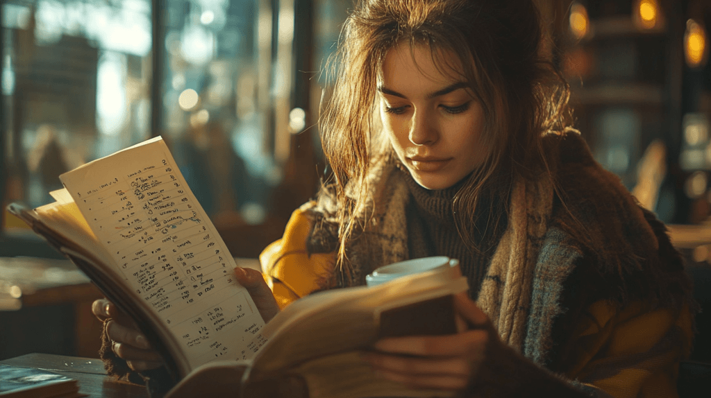 Woman concentrating on habit tracker bullet journal in evening coffee shop light - reviewing progress with intentional focus