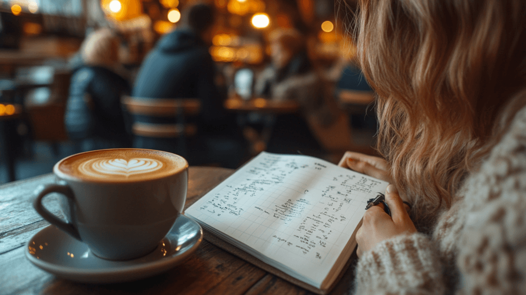 Person updating habit tracker bullet journal beside artful latte - maintaining tracking consistency in busy coffee shop environment