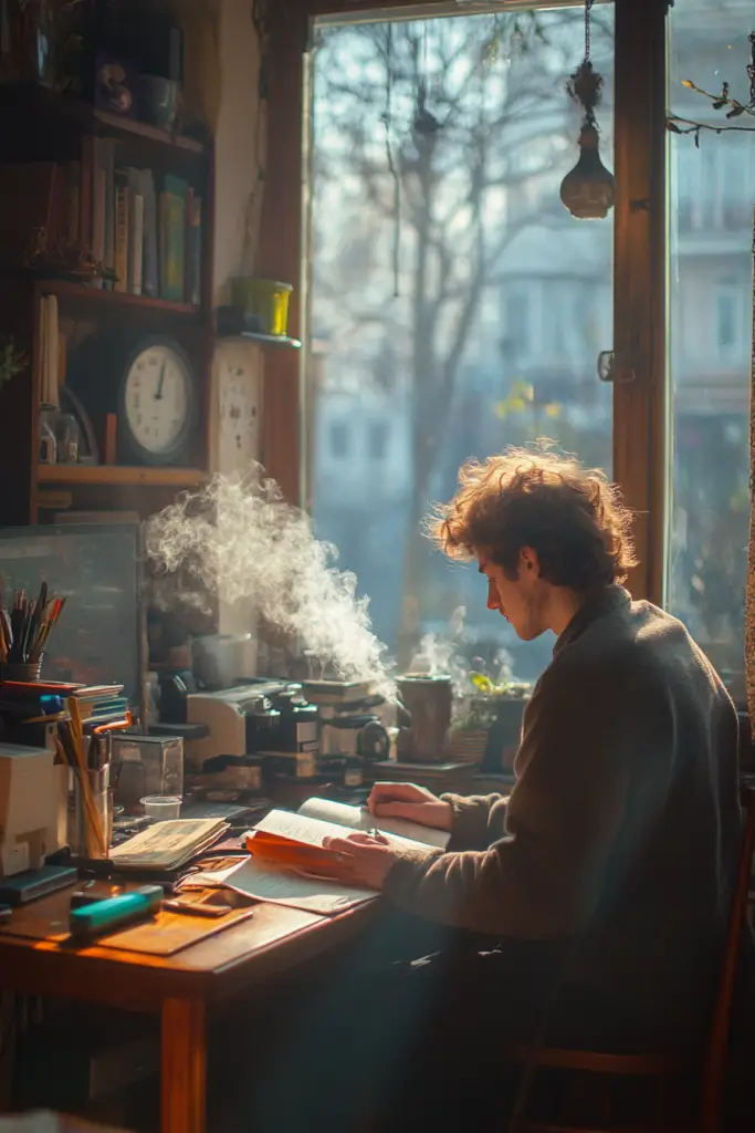 Person journaling at desk during early morning routine with coffee and soft sunrise light
