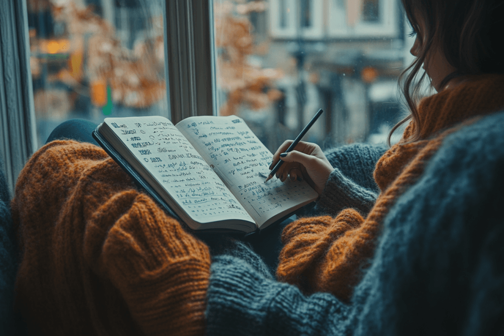 Person using bullet journaling techniques for mental health tracking and mindfulness practice