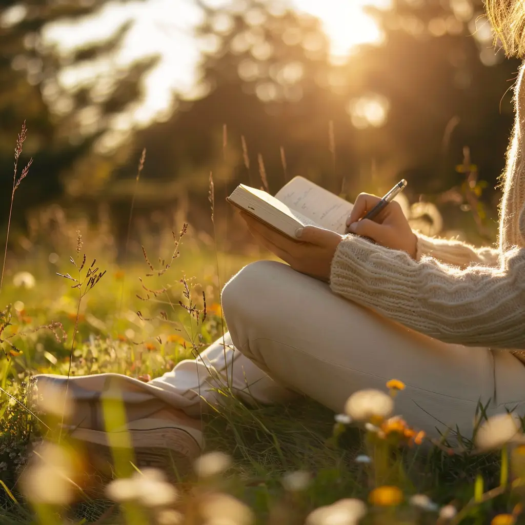 Person journaling in a peaceful meadow setting, focusing on mindfulness and present-moment awareness