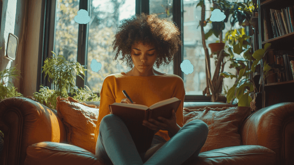 Person journaling with visual representation of emotional release through therapeutic writing