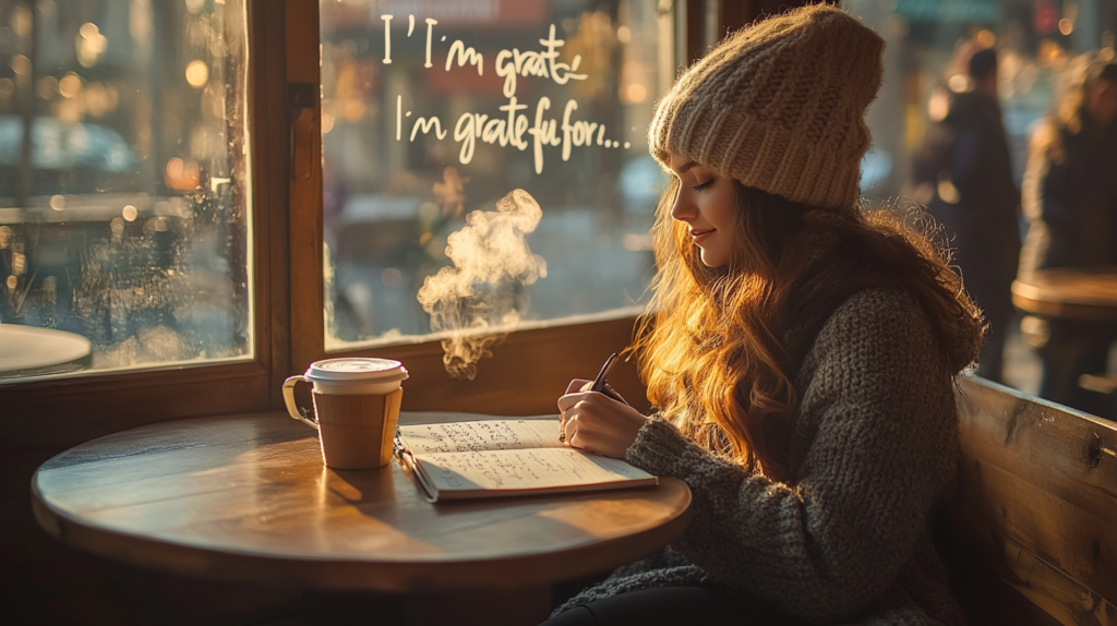 Person writing in a gratitude journal at a cafe table with morning light streaming in and a latte nearby