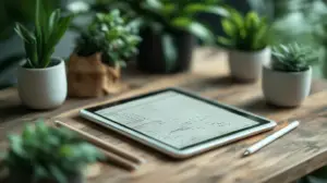 Digital bullet journal displayed on tablet with stylus showing monthly calendar, habit trackers, and to-do lists with garden-themed elements