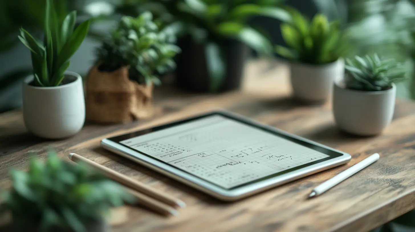 Digital bullet journal displayed on tablet with stylus showing monthly calendar, habit trackers, and to-do lists with garden-themed elements
